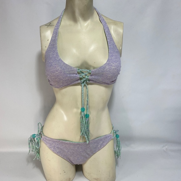 Victoria Secret Womens Reversible Bikini Small Mint Purple Tie Tassels Aztec - Picture 10 of 16